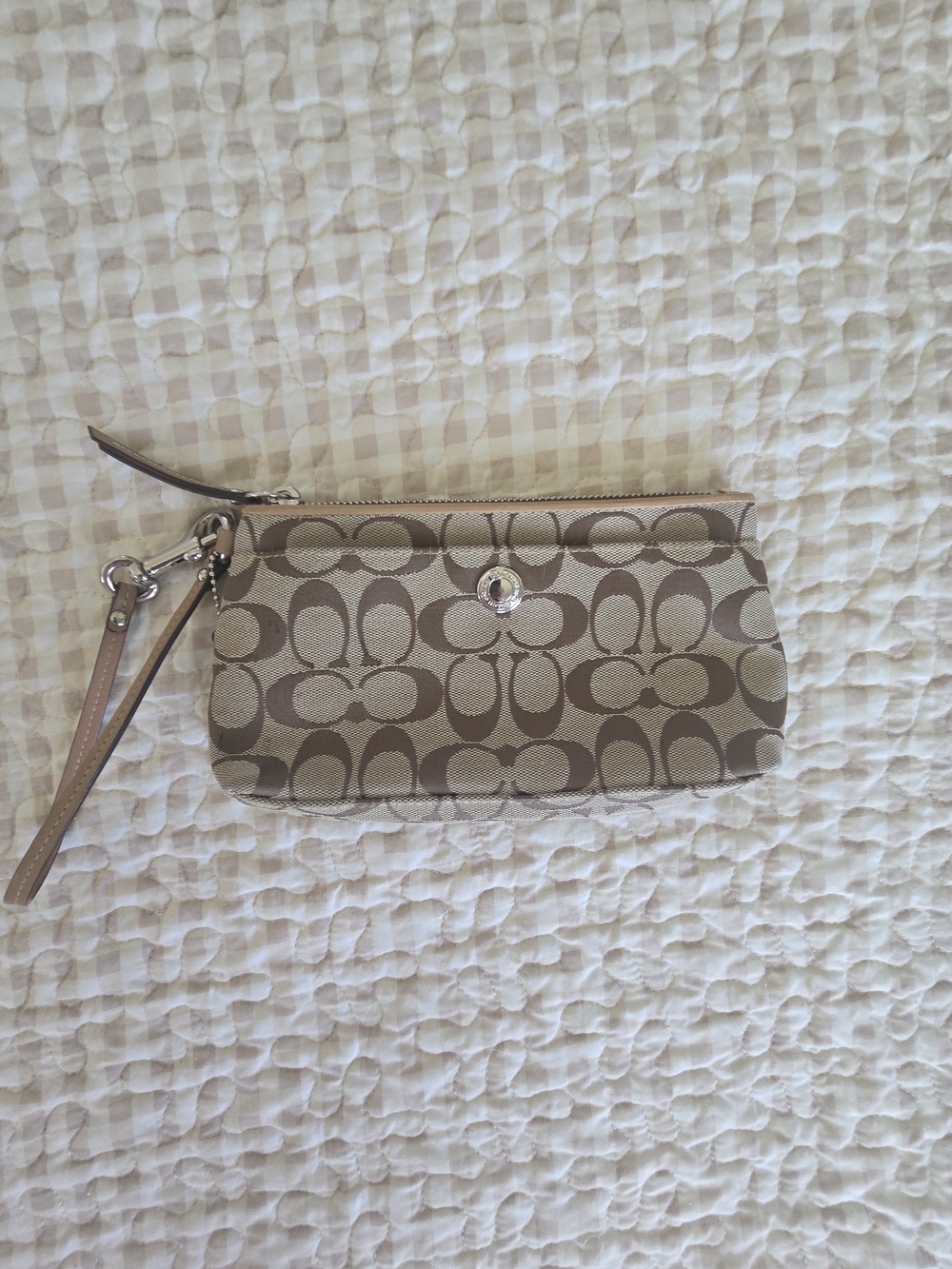 Coach Signature Wristlet in Taupe and Khaki, Classic, Old Money